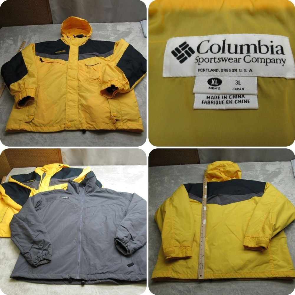 Columbia Jacket Mens XL Yellow Hooded Waterproof Removable Liner 3in1 READ